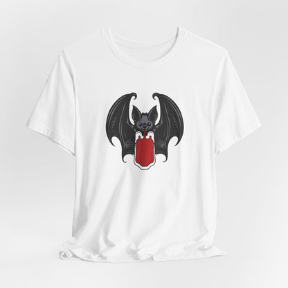 Vampire Bat Drinking Blood Bag on Front Crew Neck Short Sleeve Tee