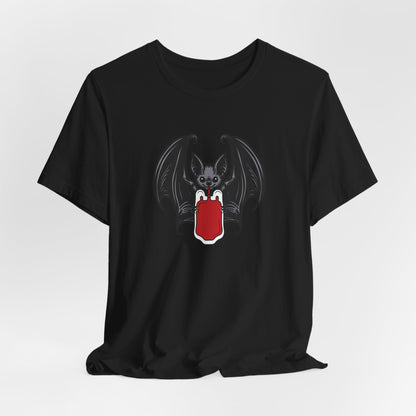 Vampire Bat Drinking Blood Bag on Front Crew Neck Short Sleeve Tee