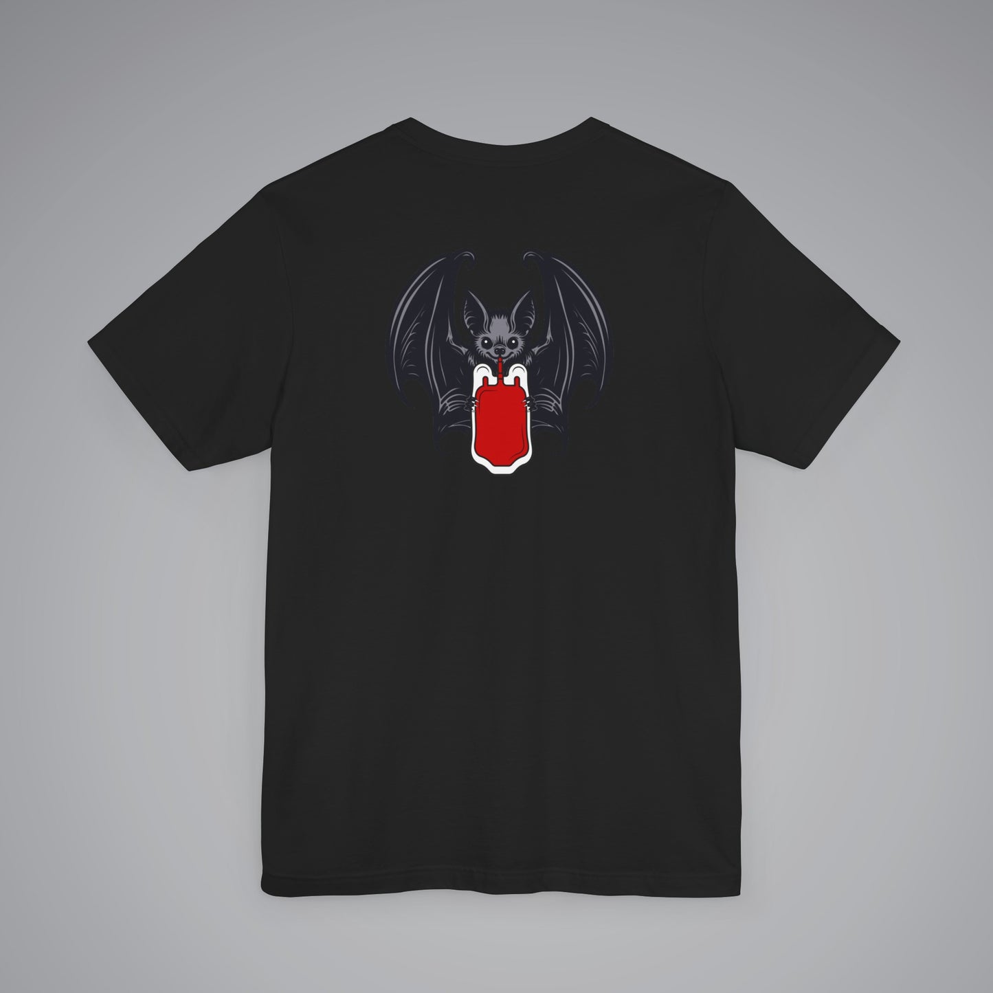 Vampire Bat Drinking Blood Bag on Back Crew Neck Short Sleeve Tee