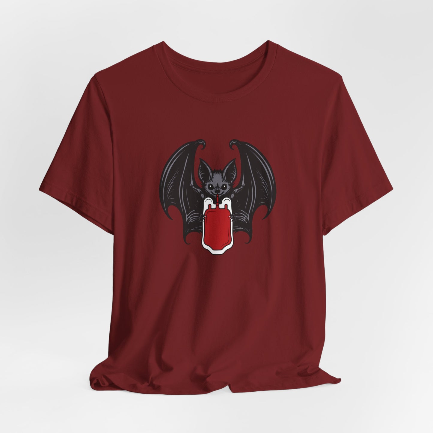 Vampire Bat Drinking Blood Bag on Front Crew Neck Short Sleeve Tee