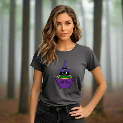 Witch Kitty and Bubbling Cauldron Crew Neck Short Sleeve Tee