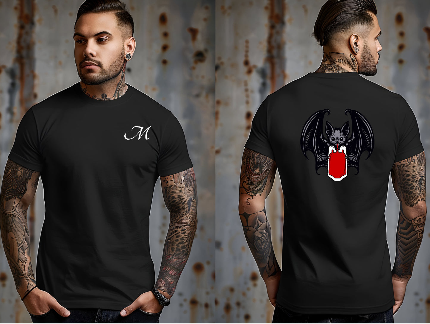 Vampire Bat Drinking Blood Bag on Back Crew Neck Short Sleeve Tee