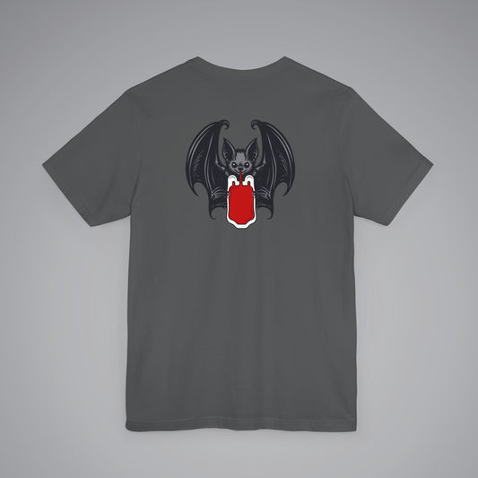 Vampire Bat Drinking Blood Bag on Back Crew Neck Short Sleeve Tee