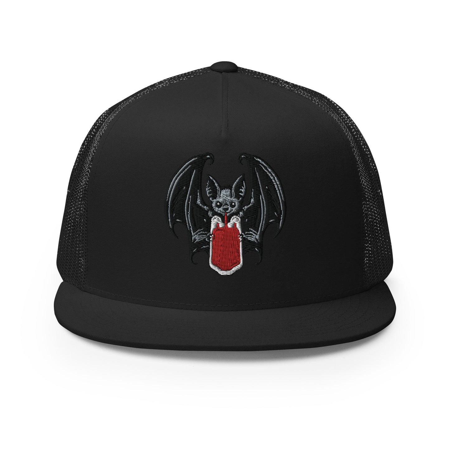 Vampire Bat Drinking Blood Bag Flat Billed SnapBack Trucker Cap