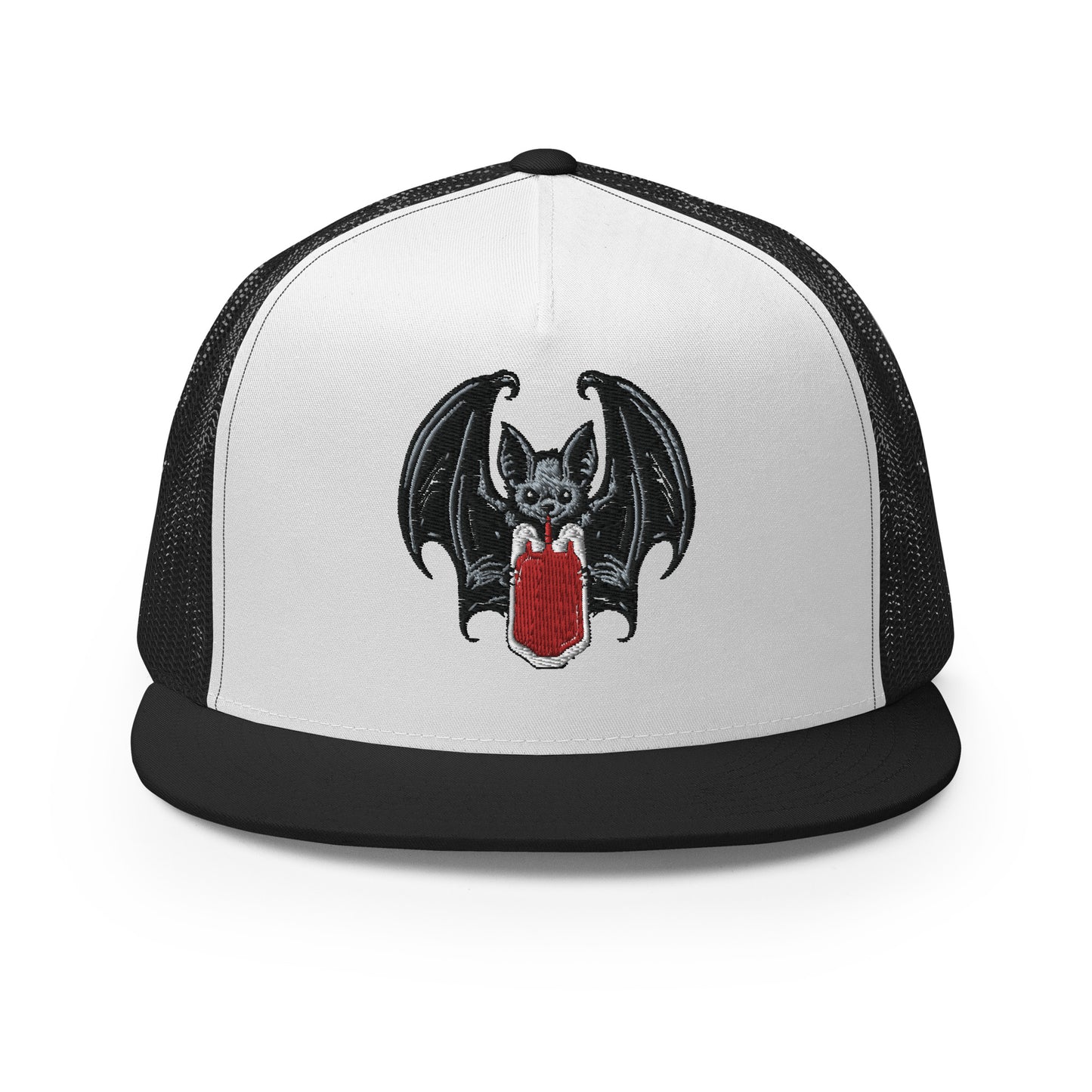 Vampire Bat Drinking Blood Bag Flat Billed SnapBack Trucker Cap