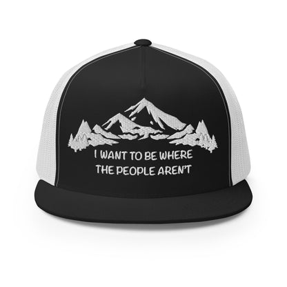 White Stitching: Mountains, I Want To Be Where The People Aren't Flat Billed SnapBack Trucker Cap