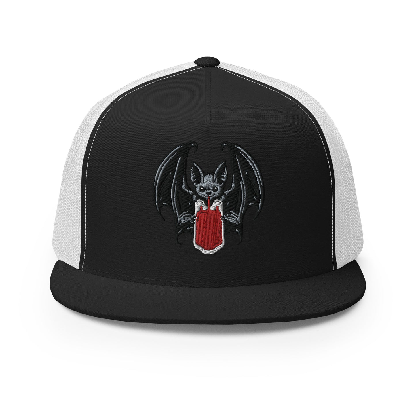 Vampire Bat Drinking Blood Bag Flat Billed SnapBack Trucker Cap