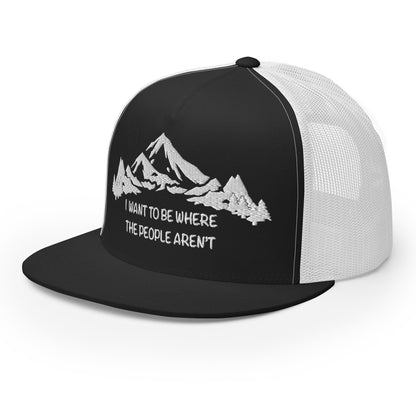 White Stitching: Mountains, I Want To Be Where The People Aren't Flat Billed SnapBack Trucker Cap