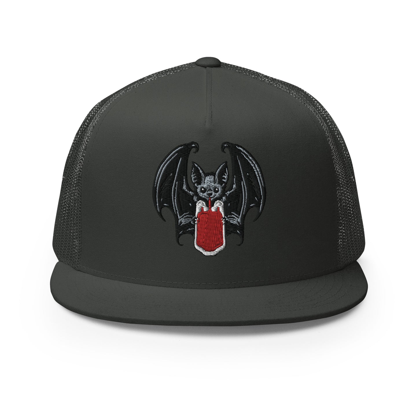 Vampire Bat Drinking Blood Bag Flat Billed SnapBack Trucker Cap