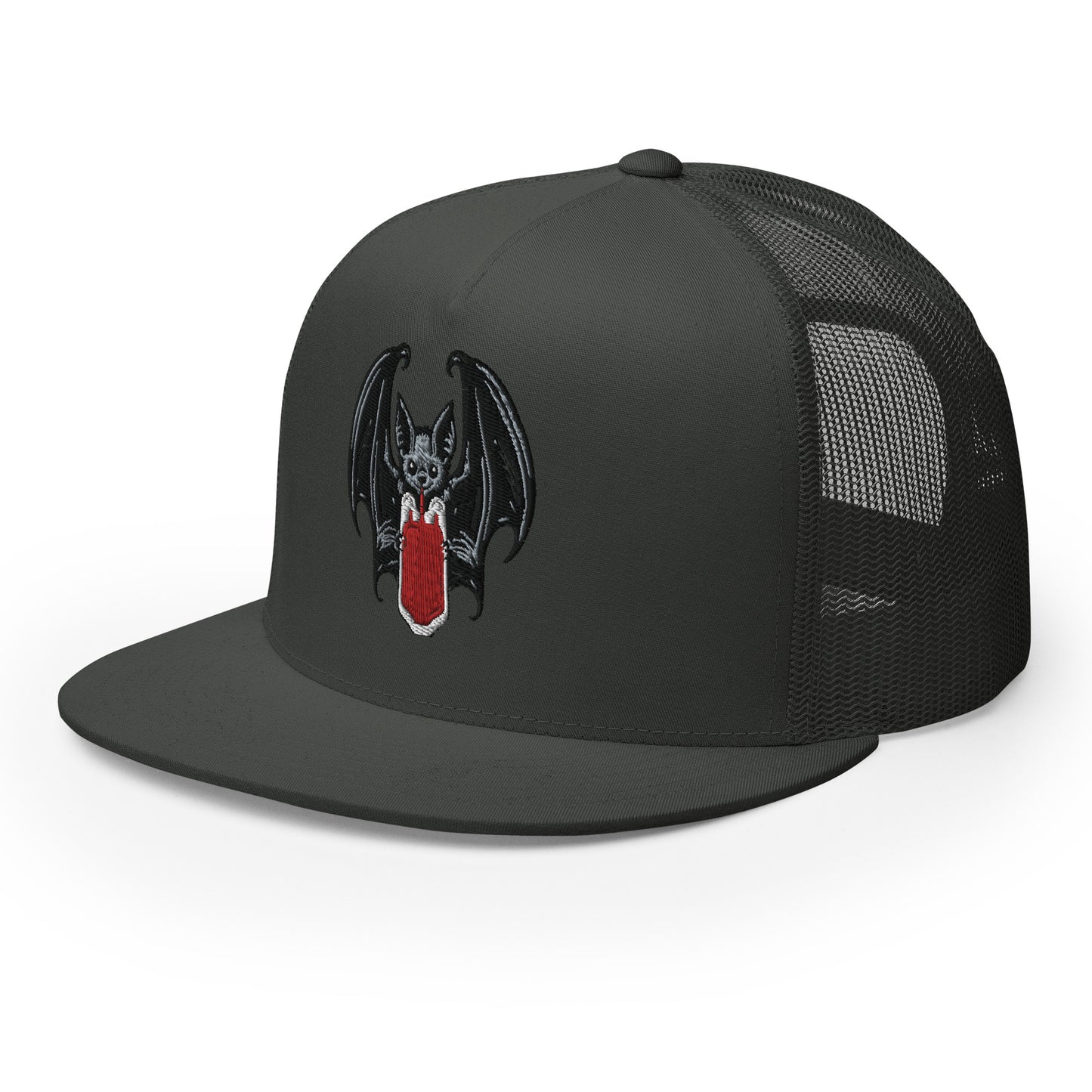 Vampire Bat Drinking Blood Bag Flat Billed SnapBack Trucker Cap