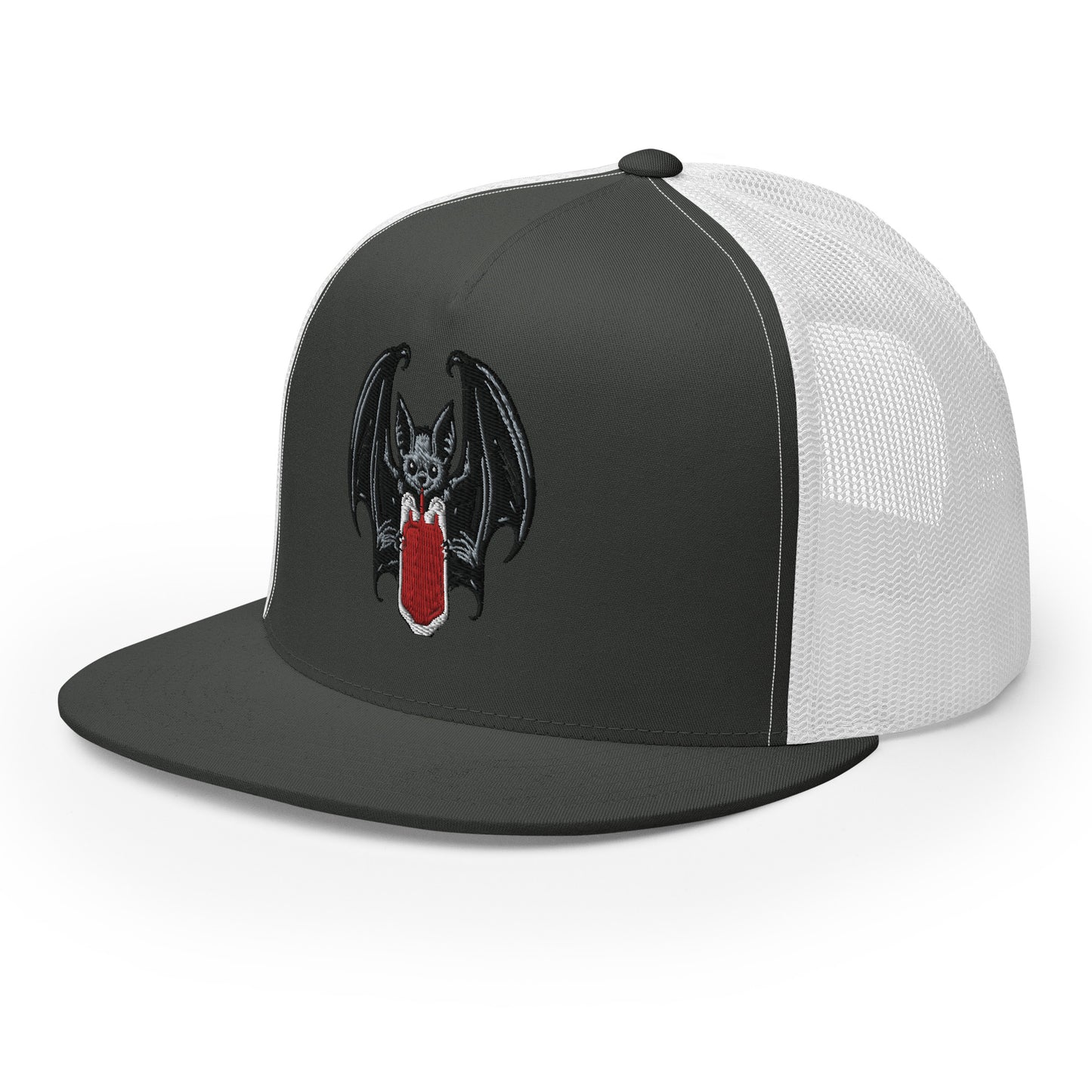 Vampire Bat Drinking Blood Bag Flat Billed SnapBack Trucker Cap