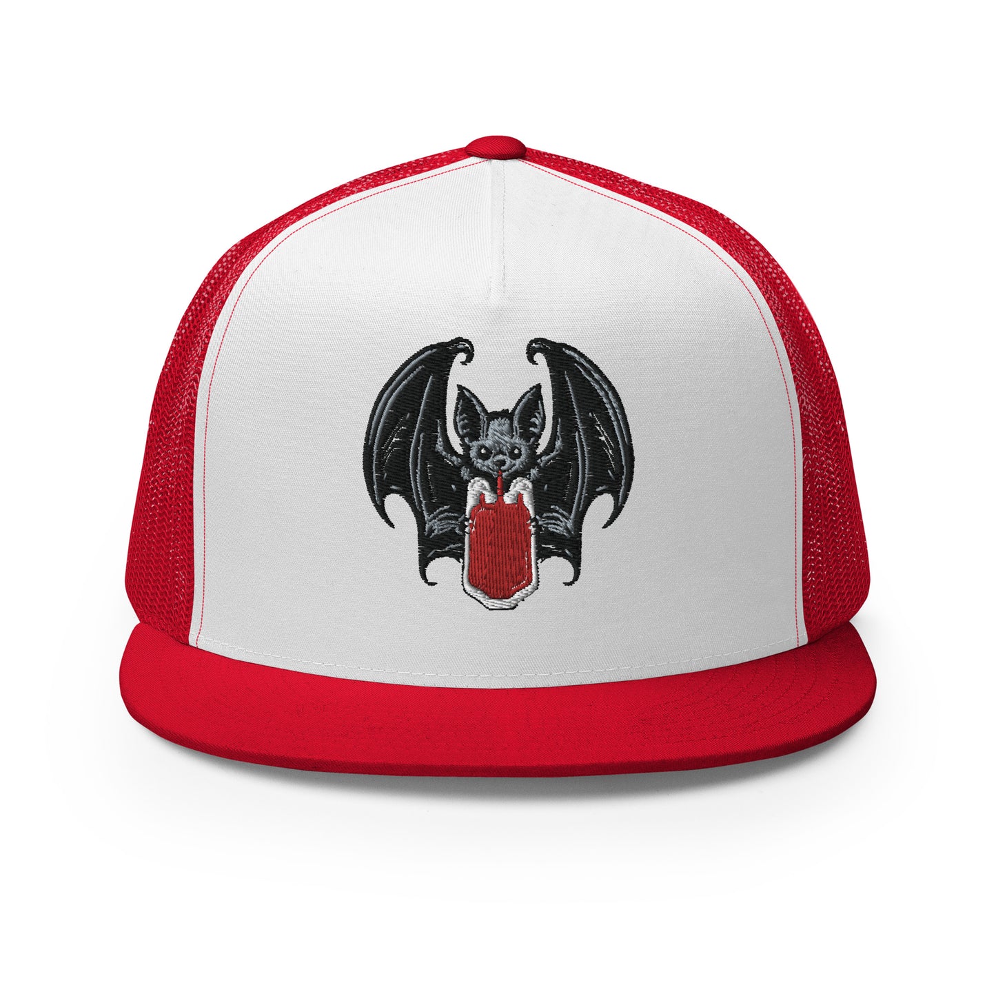 Vampire Bat Drinking Blood Bag Flat Billed SnapBack Trucker Cap