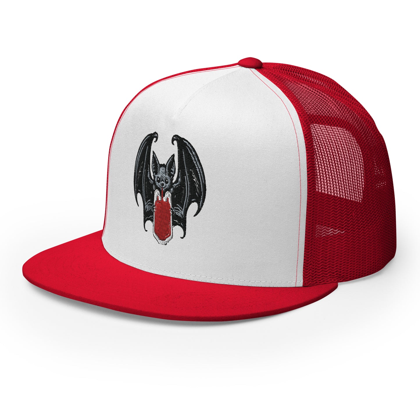 Vampire Bat Drinking Blood Bag Flat Billed SnapBack Trucker Cap