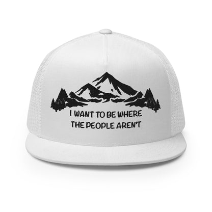 Black Stitching: Mountains, I Want To Be Where The People Aren't Flat Billed SnapBack Trucker Cap