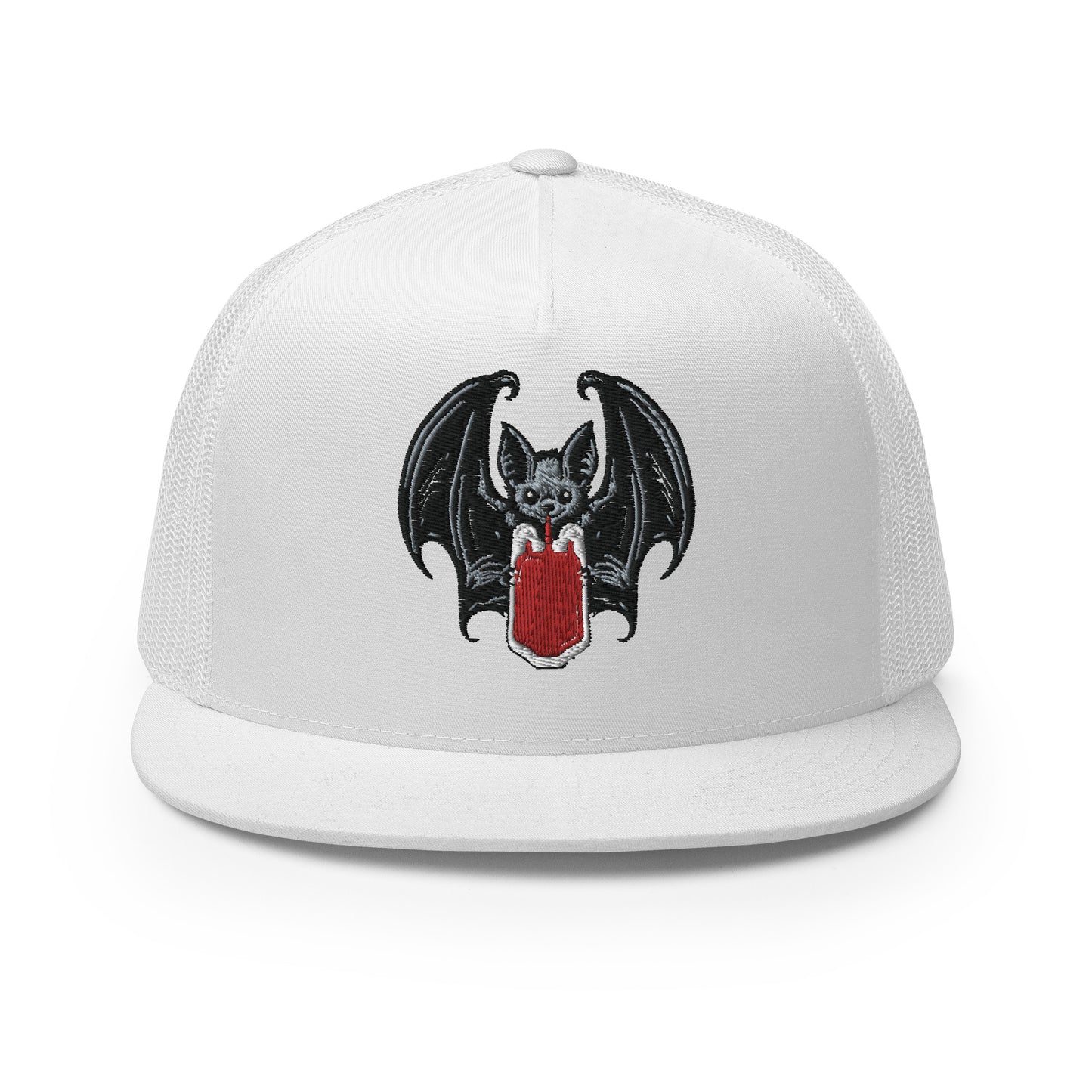 Vampire Bat Drinking Blood Bag Flat Billed SnapBack Trucker Cap