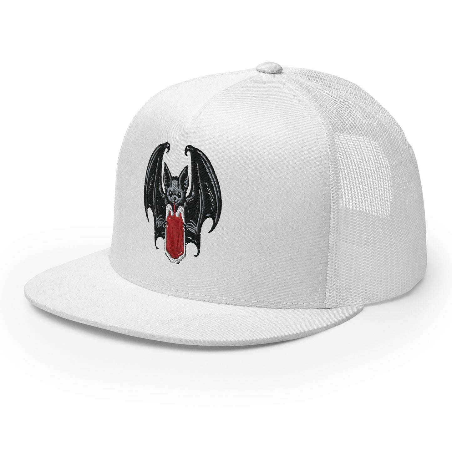 Vampire Bat Drinking Blood Bag Flat Billed SnapBack Trucker Cap