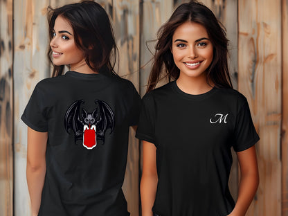 Vampire Bat Drinking Blood Bag on Back Crew Neck Short Sleeve Tee