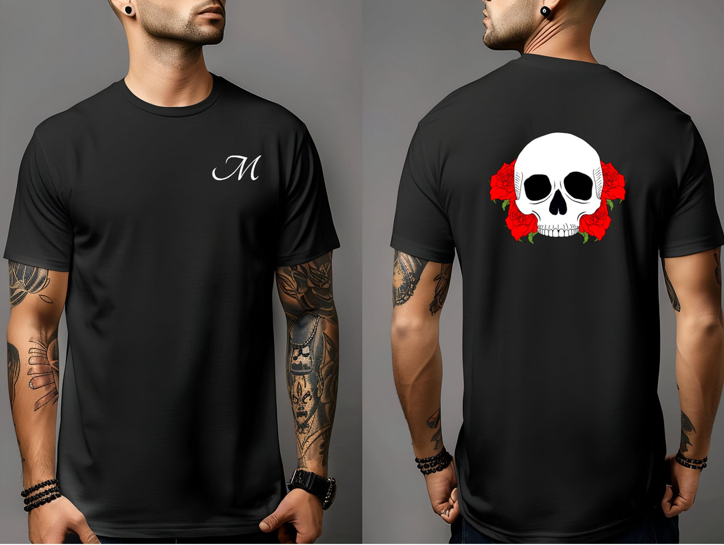 Skull With Roses on Back Crew Neck Short Sleeve Tee