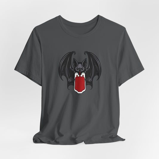 Vampire Bat Drinking Blood Bag on Front Crew Neck Short Sleeve Tee