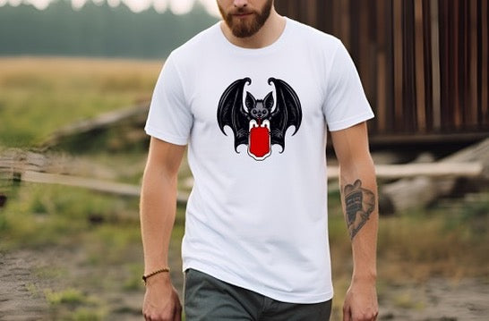 Vampire Bat Drinking Blood Bag on Front Crew Neck Short Sleeve Tee