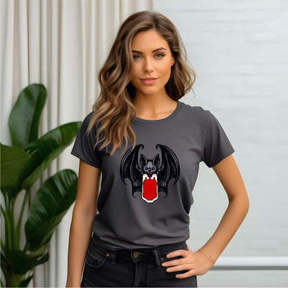 Vampire Bat Drinking Blood Bag on Front Crew Neck Short Sleeve Tee