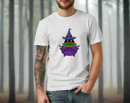 Witch Kitty and Bubbling Cauldron Crew Neck Short Sleeve Tee