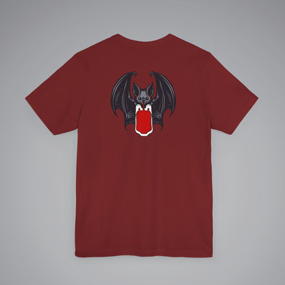 Vampire Bat Drinking Blood Bag on Back Crew Neck Short Sleeve Tee