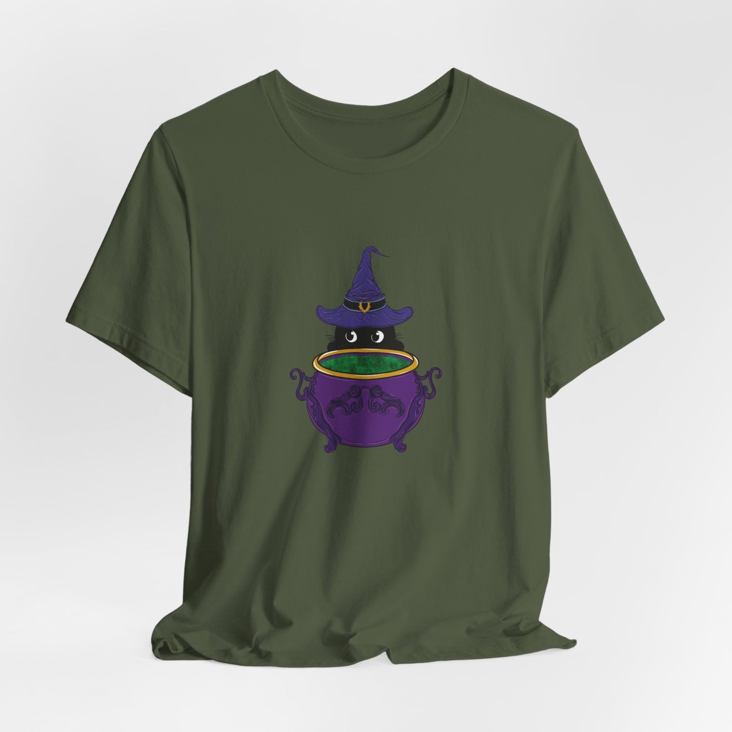 Witch Kitty and Bubbling Cauldron Crew Neck Short Sleeve Tee