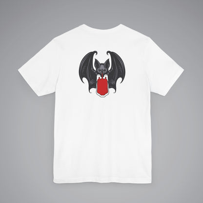 Vampire Bat Drinking Blood Bag on Back Crew Neck Short Sleeve Tee