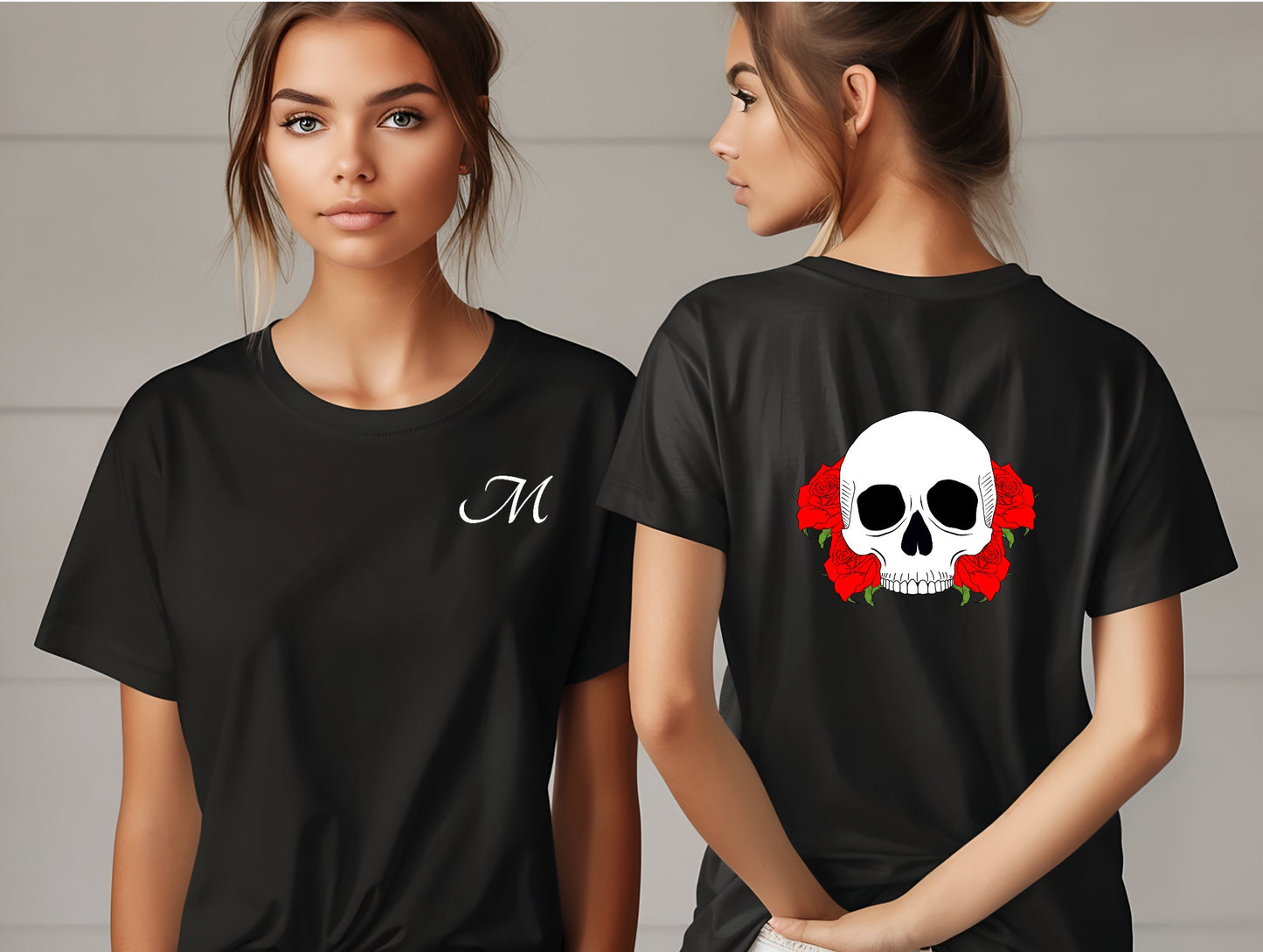 Skull With Roses on Back Crew Neck Short Sleeve Tee