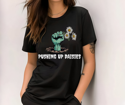 Zombie Hand Pushing Up Daisies on Front Crew Neck Short Sleeve Tee