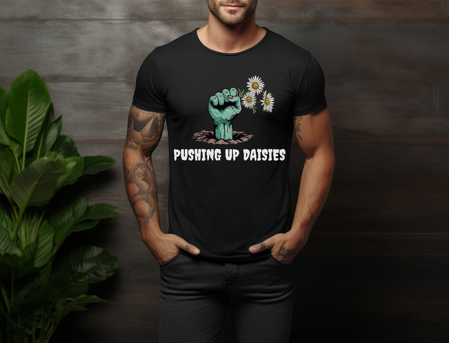 Zombie Hand Pushing Up Daisies on Front Crew Neck Short Sleeve Tee